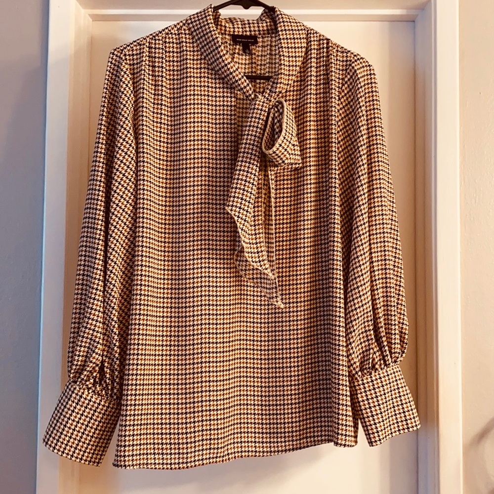 WHO WHAT WEAR HOUNDSTOOTH SCARF TIE BLOUSE LG